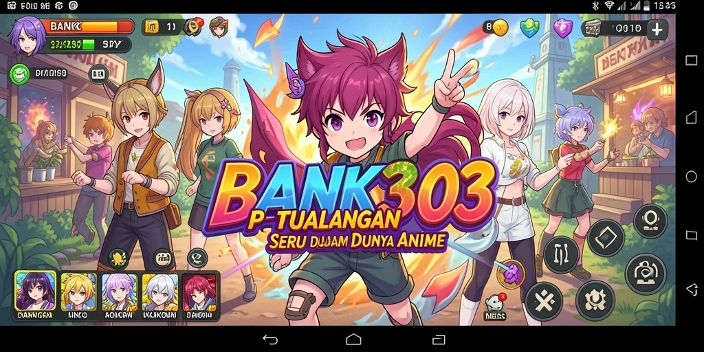 Screenshot utama BANK303 menampilkan gameplay seru dengan karakter anime.