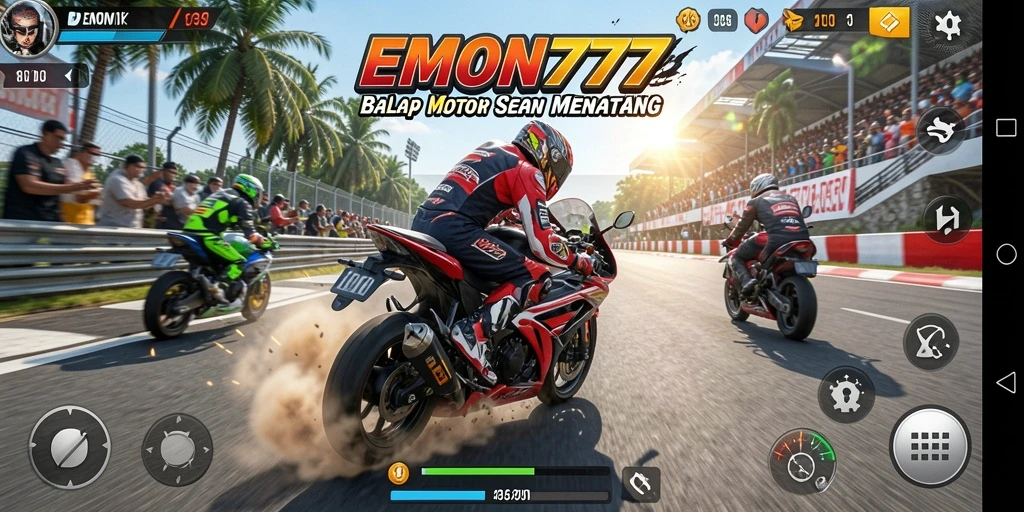 Tampilan gameplay menegangkan di EMON777 saat balap motor melawan lawan.