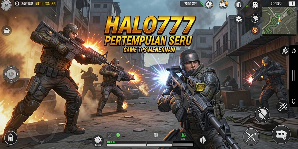 Tampilan screenshot utama HALO777 menampilkan aksi pertempuran TPS yang intens.