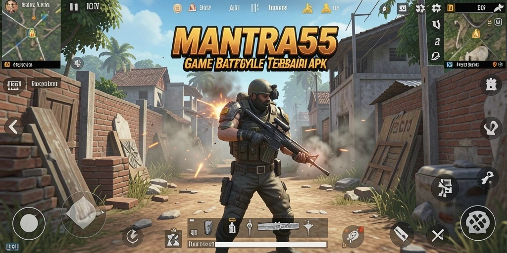 Tangkapan layar utama <strong>MANTRA55</strong> menampilkan aksi Battle Royale yang intens.