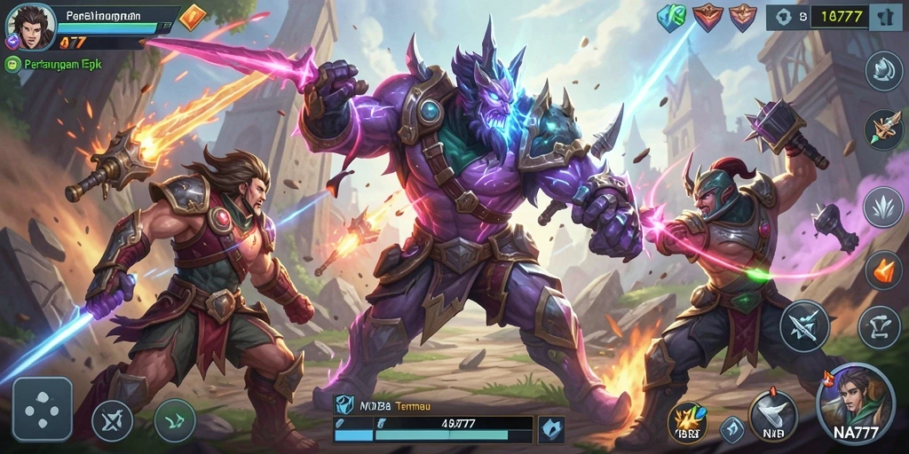 Tampilan gameplay seru dalam MOBA NA777 dengan pertarungan tim.