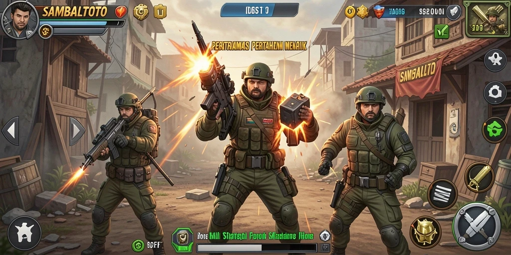 Screenshot gameplay <strong>SAMBALTOTO</strong> yang menggambarkan menara pertahanan dan serangan musuh.