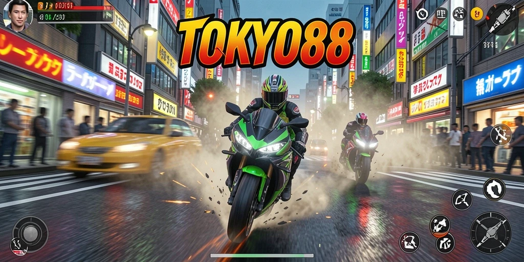 Screenshot utama <strong>TOKYO88</strong> menampilkan balapan motor di jalanan Tokyo yang penuh aksi.