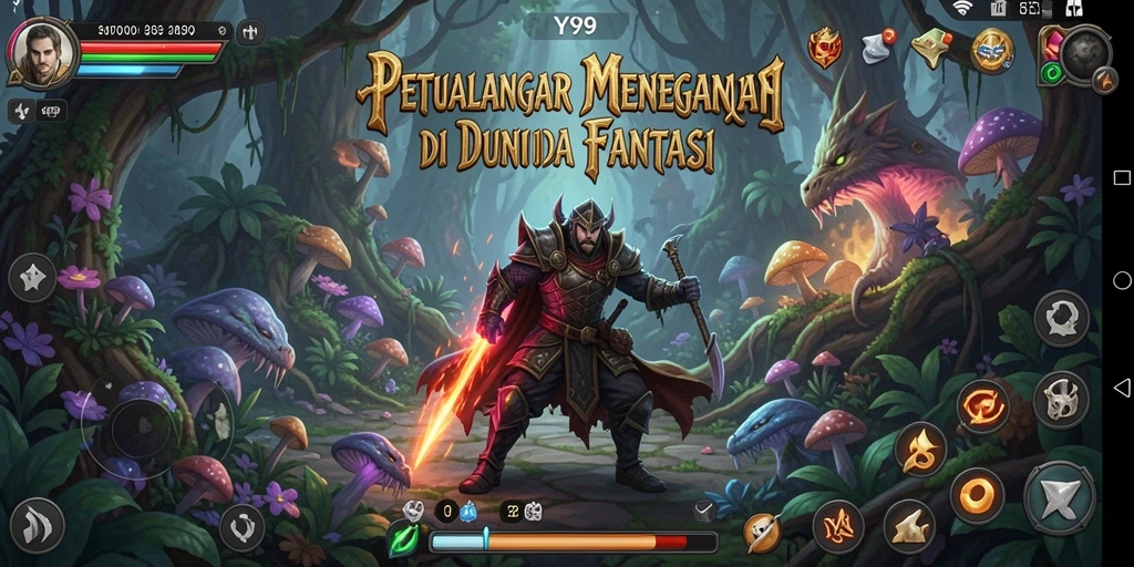 Screenshot Y89 menampilkan karakter berpetualang di hutan fantastis.