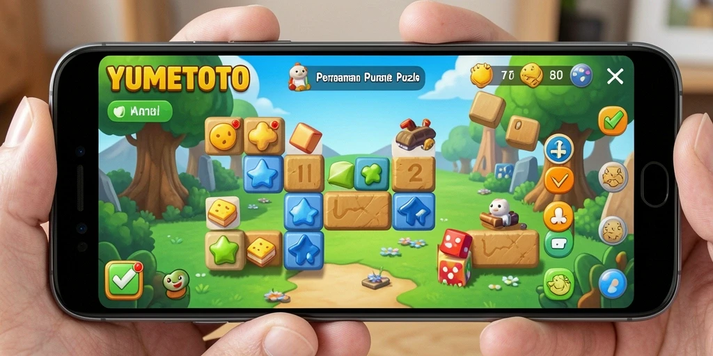 Screenshot gameplay YUMETOTO menampilkan tantangan Puzzle yang menarik.
