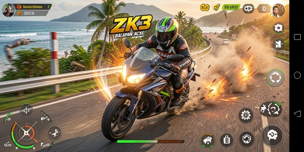 Tampilan gameplay ZK3 dengan aksi balapan motor yang seru.